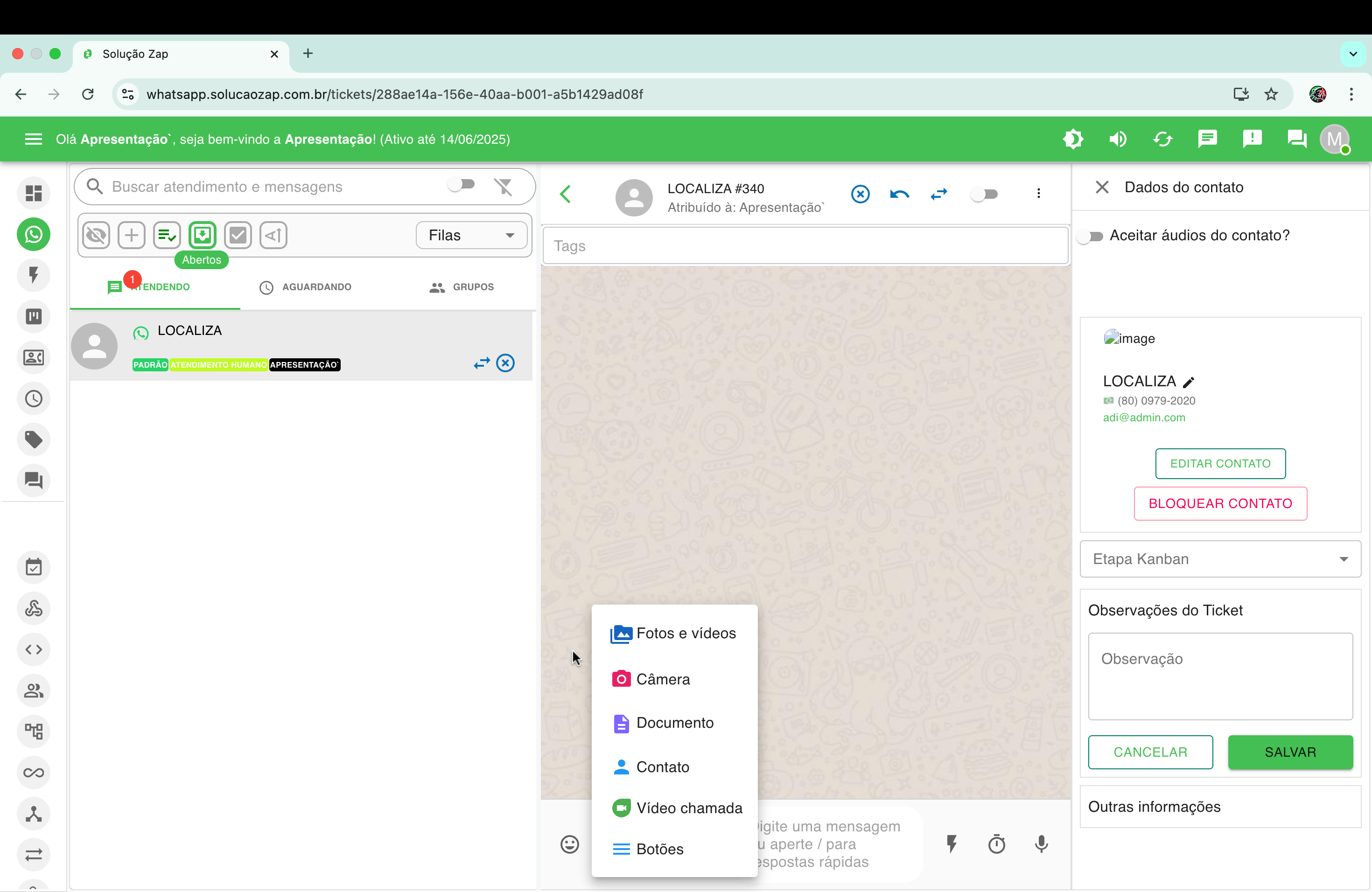 Demonstração da funcionalidade de Atendimento